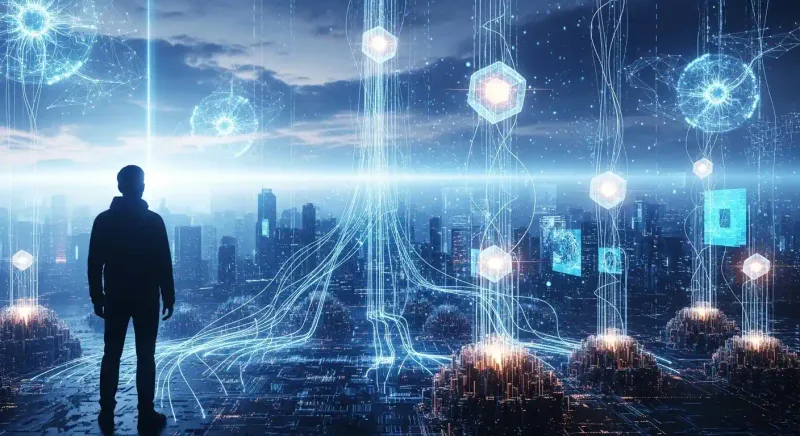 Silueta de una persona observando una ciudad futurista interconectada por redes de datos de inteligencia artificial.