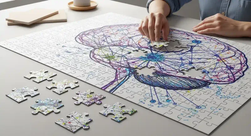 Manos completando un rompecabezas con forma de cerebro, simbolizando el aprendizaje y la comprensión de sistemas complejos como la IA.