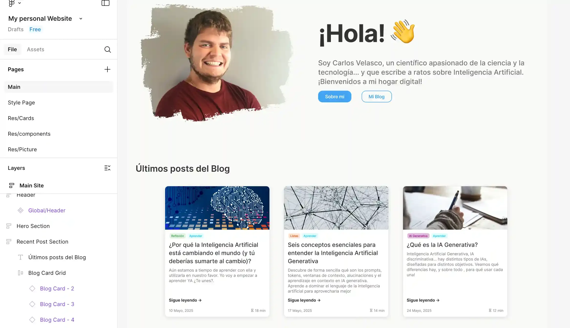 Captura de pantalla de mi diseño en Figma, mostrando la sección de 'Últimos Posts' con tarjetas de blog.