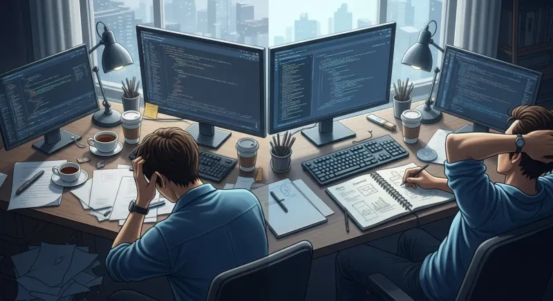 Dos programadores trabajando intensamente en un escritorio con múltiples monitores, uno frustrado y otro diseñando, representando la ayuda para el desarrollo de software y la programación con IA.