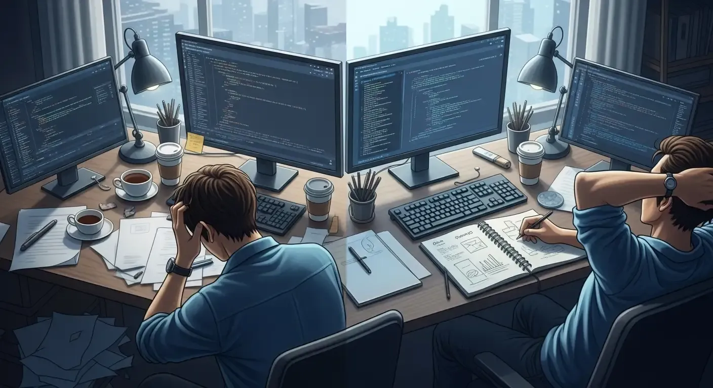 Dos programadores trabajando intensamente en un escritorio con múltiples monitores, uno frustrado y otro diseñando, representando la ayuda para el desarrollo de software y la programación con IA.