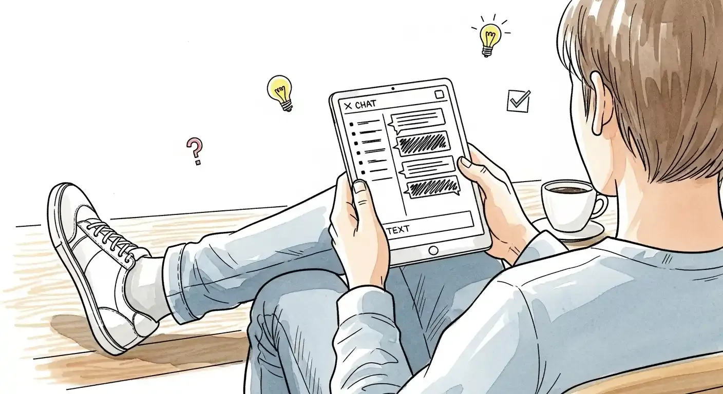 Ilustración de una persona usando una tablet con una interfaz de chat, con ideas y preguntas flotando a su alrededor, simbolizando la creatividad y el aprendizaje con un chatbot de IA