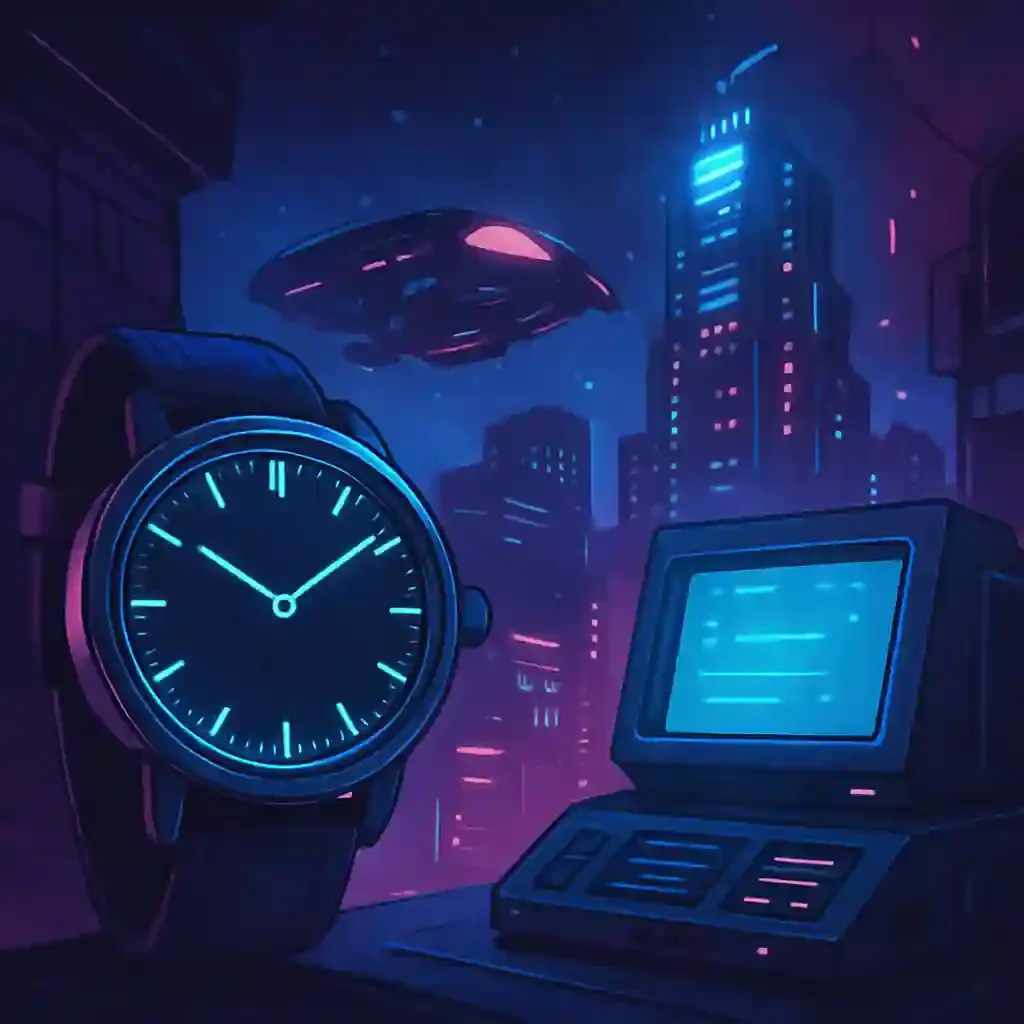Ilustración ciberpunk con edificio alto, transporte futurista y reloj analógico en primer plano.