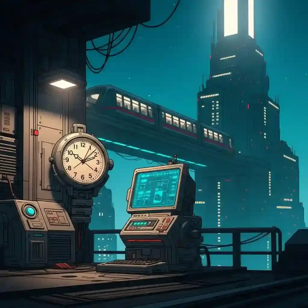 Ilustración de un reloj analógico futurista en un entorno futurista. Creado con Gemini.