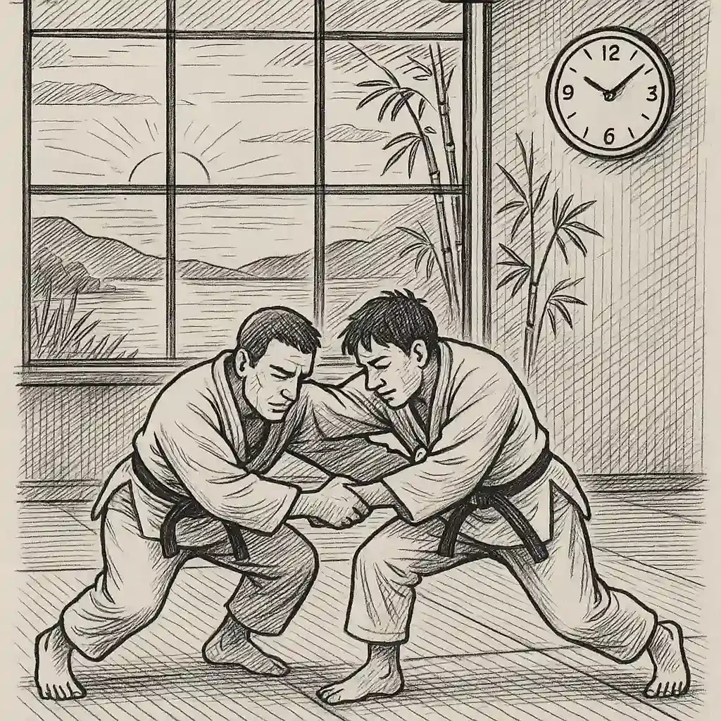 Ilustración en un entorno de judo de un reloj que da las 10:10. Imagen creada con ChatGPT.