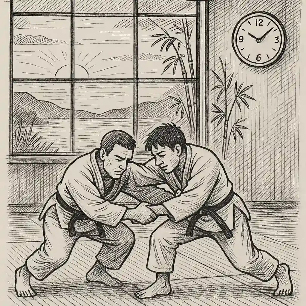 Ilustración de un tatami japonés con dos personas practicando judo y un reloj marcando la hora.