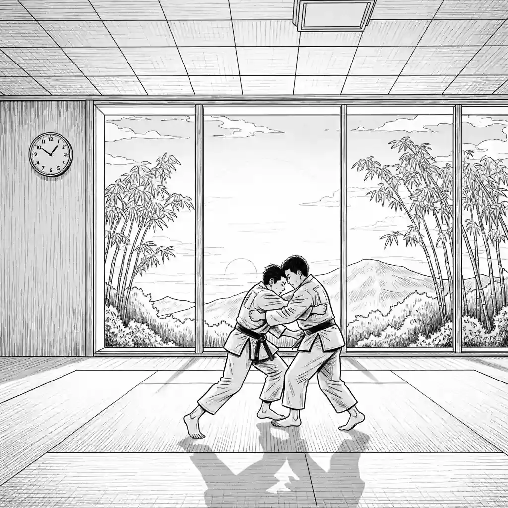 Ilustración en un entorno de judo de un reloj que da las 10:10. Imagen creada con Gemini