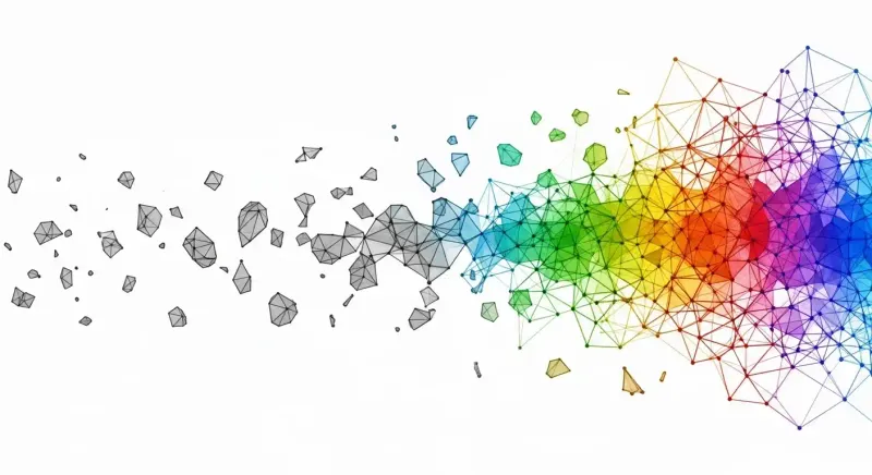 Red abstracta de datos que evoluciona de fragmentos monocromáticos y caóticos a una estructura colorida y conectada, representando la transformación y el poder de la inteligencia artificial cuando se consigue interconectar la información.