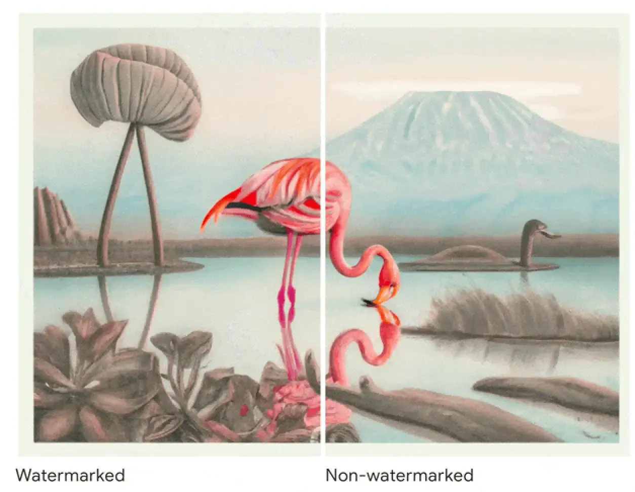 Ejemplo 2 de imagen con y sin watermark: ilustración de un flamenco metiendo la cabeza en el agua.
