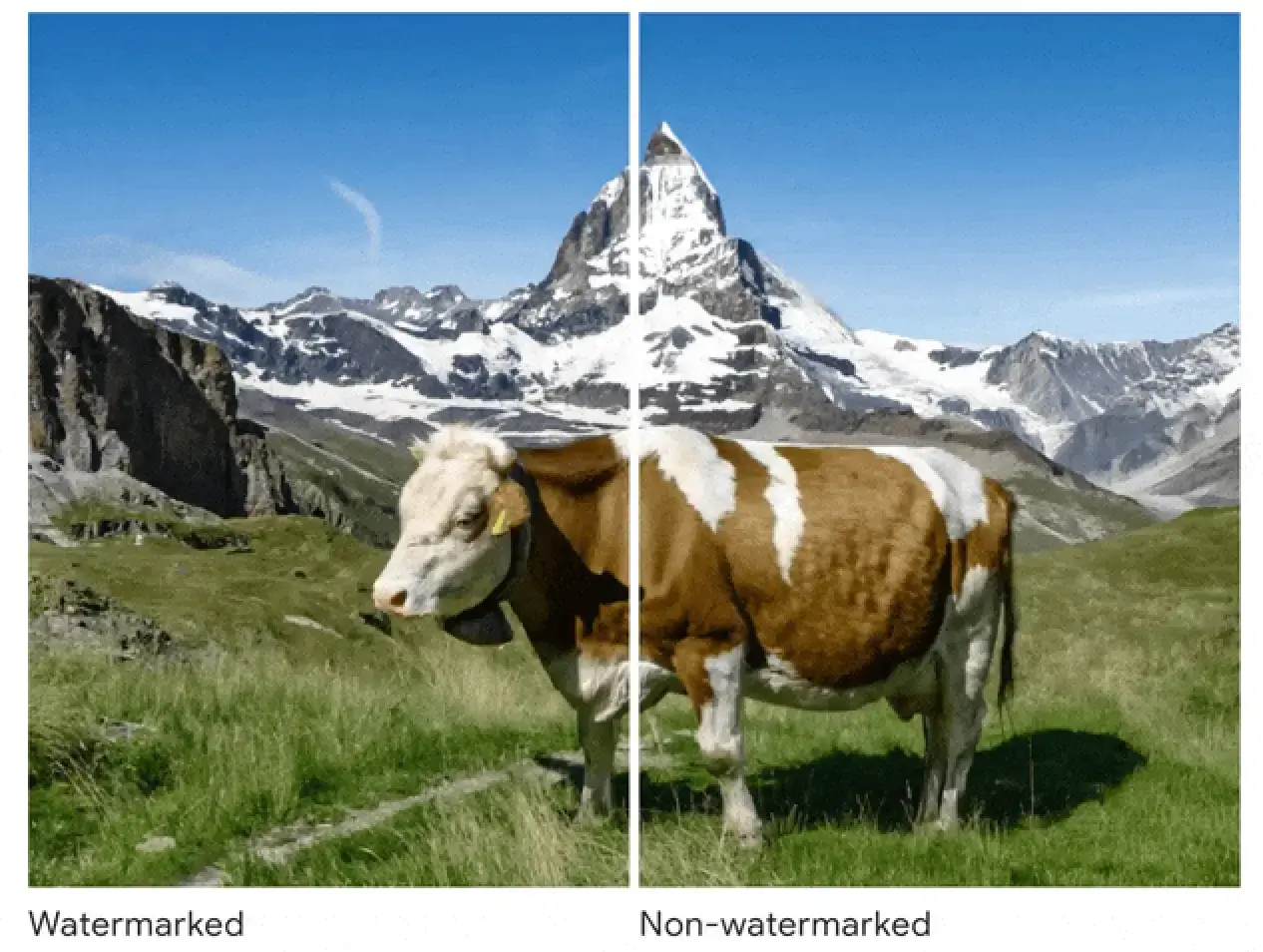 Ejemplo 3 de imagen con y sin watermark: imagen hiperrealista de una vaca en un paisaje montañoso.