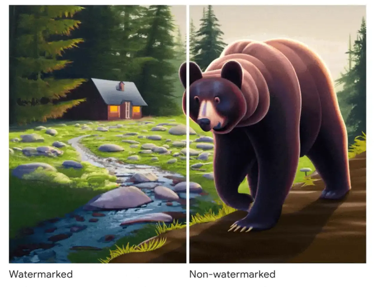 Ejemplo 4 de imagen con y sin watermark: dibujo de un oso en las montañas con una cabaña detrás.