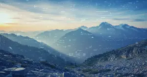 Paisaje montañoso con efectos glitch digitales que revelan una doble realidad, simbolizando cómo las imágenes generadas por IA pueden ocultar huellas digitales invisibles bajo su apariencia.